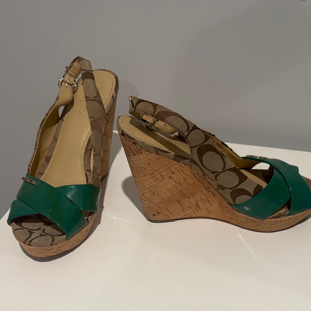 Coach Green and Brown Wedge Sandals - Picture 2 of 4